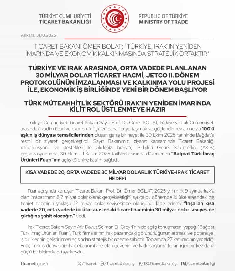 Bakan Bolat: Türkiye, Irak’ın Yeniden İmarında Kilit Ortak