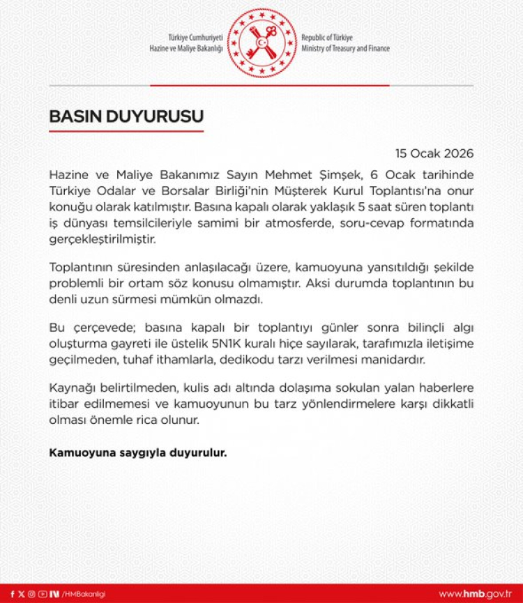 Hazine ve Maliye Bakanlığı: TOBB Toplantısı 5 Saat Süreyle Sorunsuz Gerçekleşti